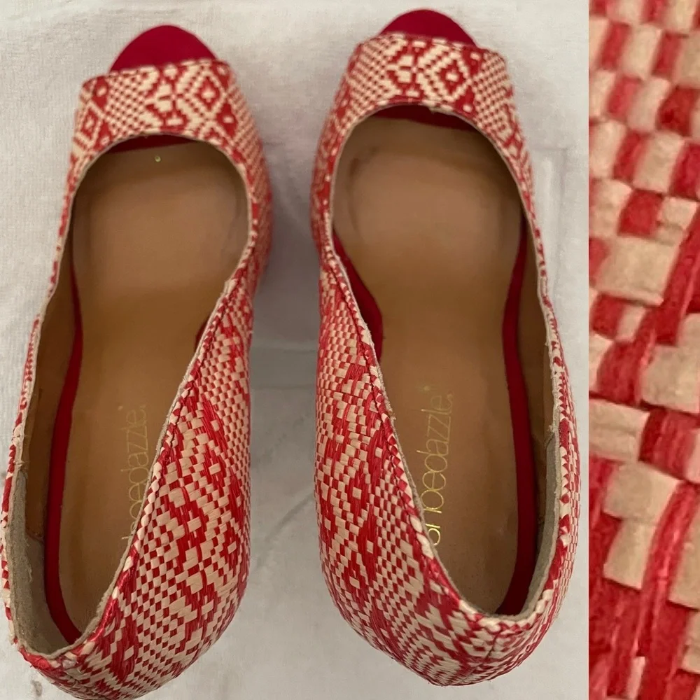 Shoe Dazzle Red and Cream Woven Platform Pumps with High Stiletto